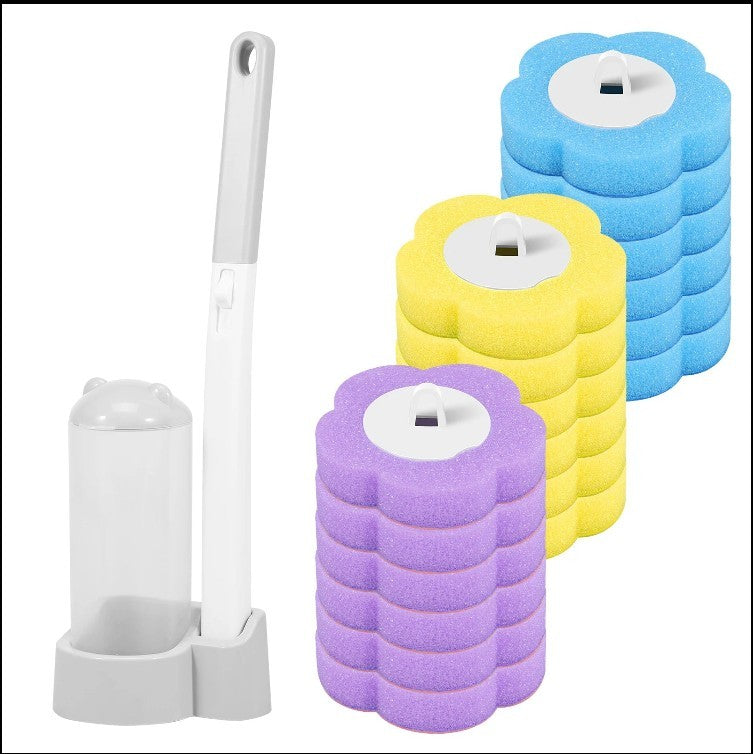 Scrubsy disposable toilet brush refills in purple, yellow, and blue flower shapes made of absorbent sponge. Includes holder and handle.